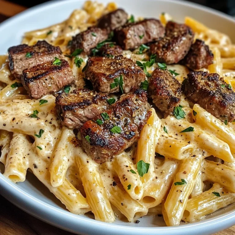 Cajun Steak Tips with Penne in Creamy Parmesan Cheese Sauce
