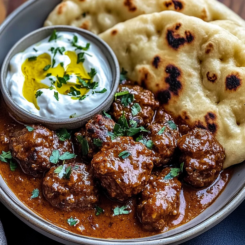 Harissa Beef Meatballs with Yogurt Sauce and Garlic Naan