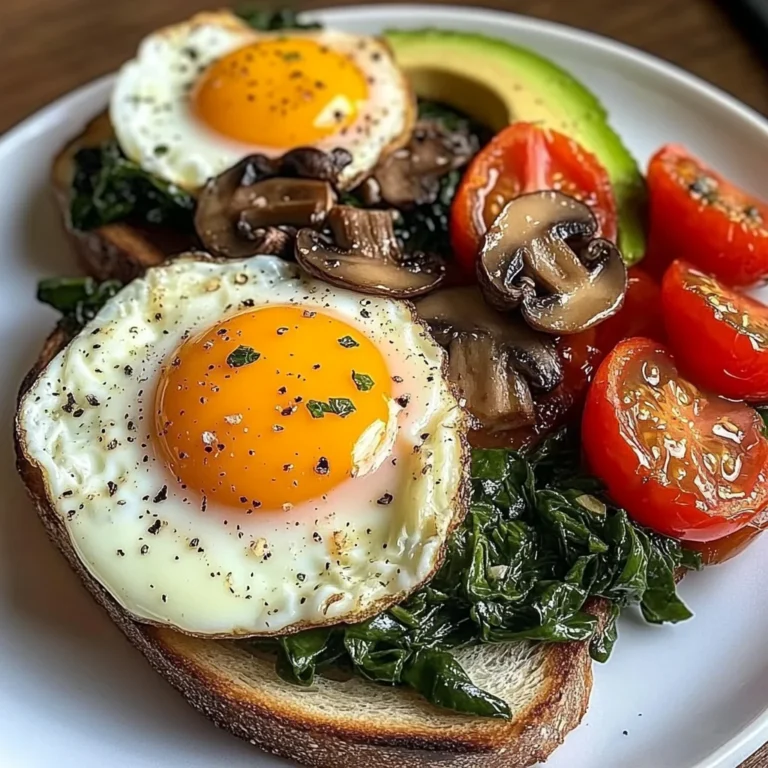 Sunny Eggs with Sauted Spinach, Mushrooms & Avocado Toast